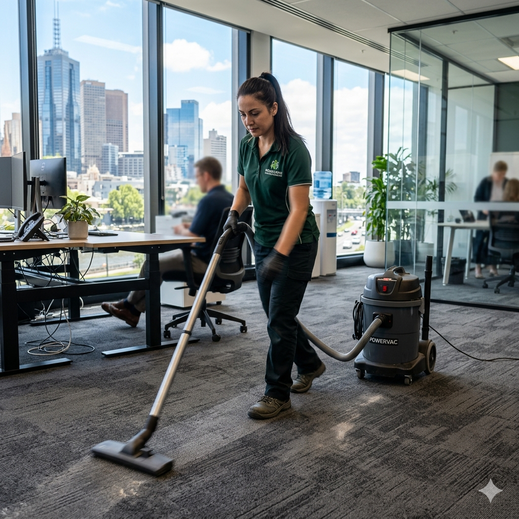 Office cleaning scope of works Melbourne — professional cleaner at work